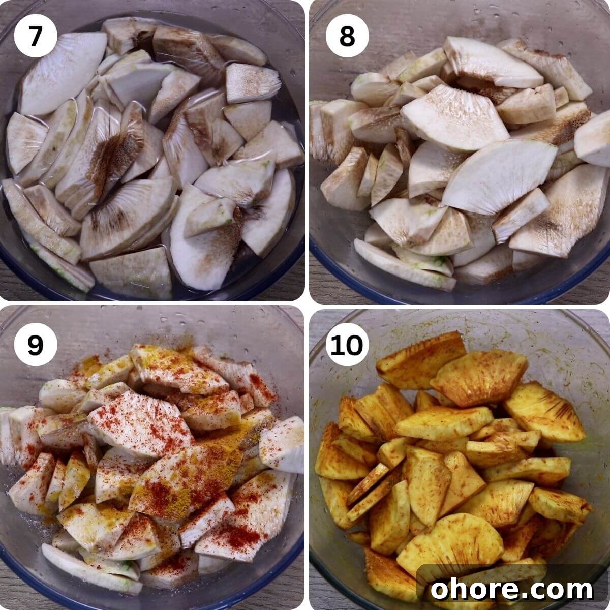 Crispy Breadfruit Fry (Nirpanas/Kadgi) Recipe 6 collage of 4 images showing marinating the breadfruit (nirpanas) with spices to make kaap or fry.