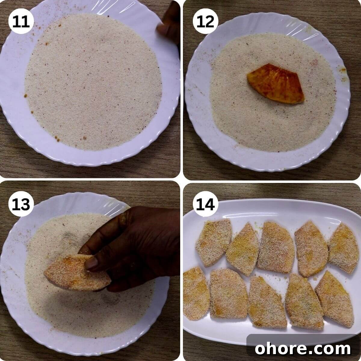 Crispy Breadfruit Fry (Nirpanas/Kadgi) Recipe 7 Collage of 4 images showing coating spiced breadfruit slices in rava.
