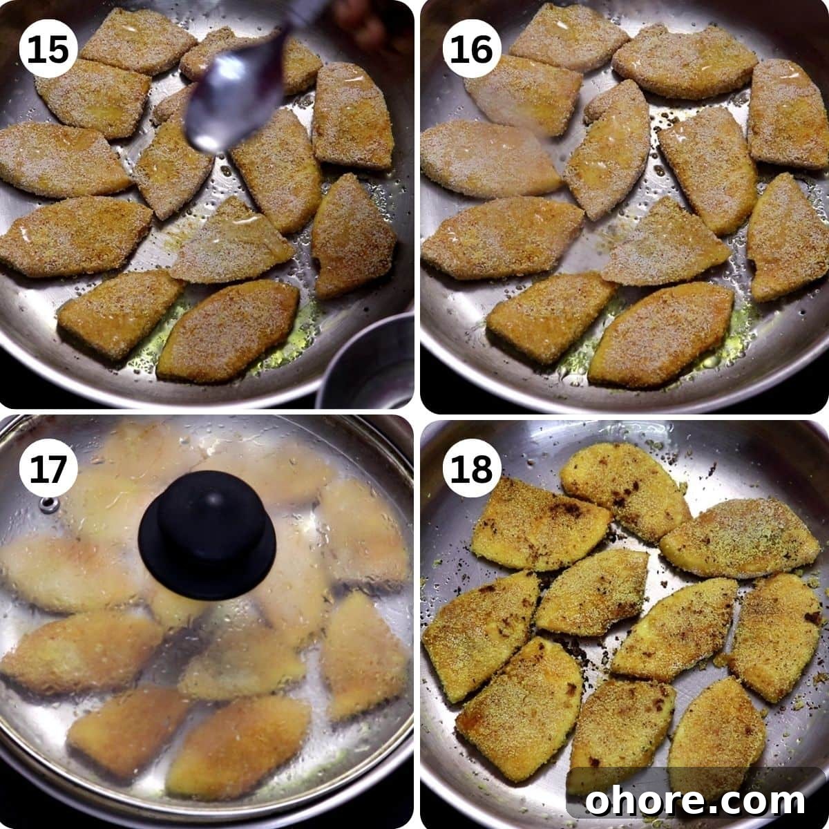 Crispy Breadfruit Fry (Nirpanas/Kadgi) Recipe 8 Collage of 4 images showing pan-frying the breadfruit fry or nirpanas kaap.