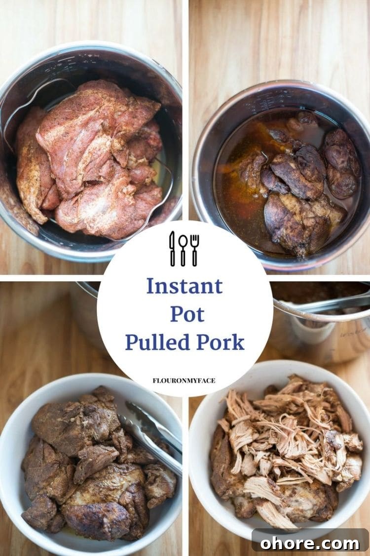 step by step how to make Instant Pot pressure cooker pulled pork Instant Pot Pulled Pork recipe collage photo showing step by step how to make Instant Pot pressure cooker pulled pork via flouronmyface.com