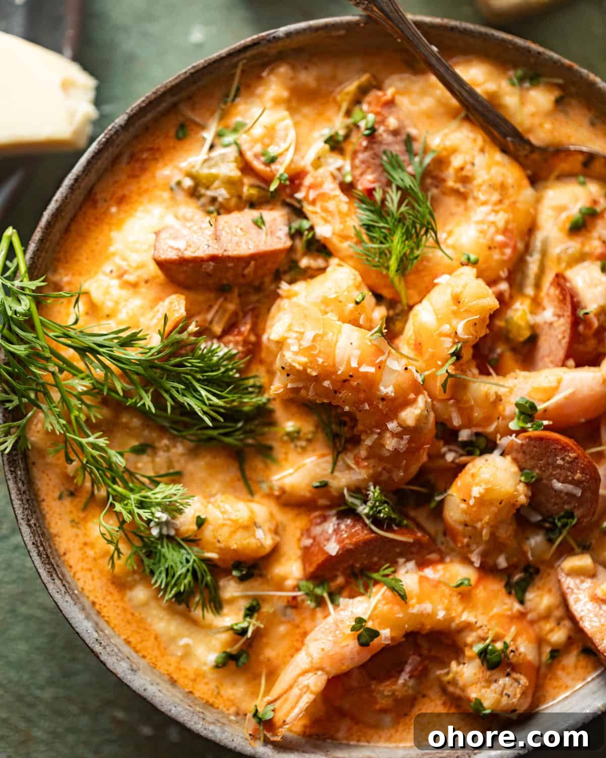 Cajun Shrimp and Creamy Cheddar Grits Recipe 2 up close photo of cajun shrimp and grits in a bowl with a spoon.