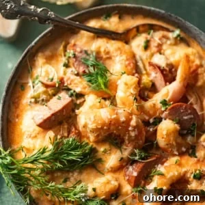Cajun Shrimp and Creamy Cheddar Grits Recipe 13 shrimp and grits in a bowl with a spoon topped with parmesan and fresh herbs.