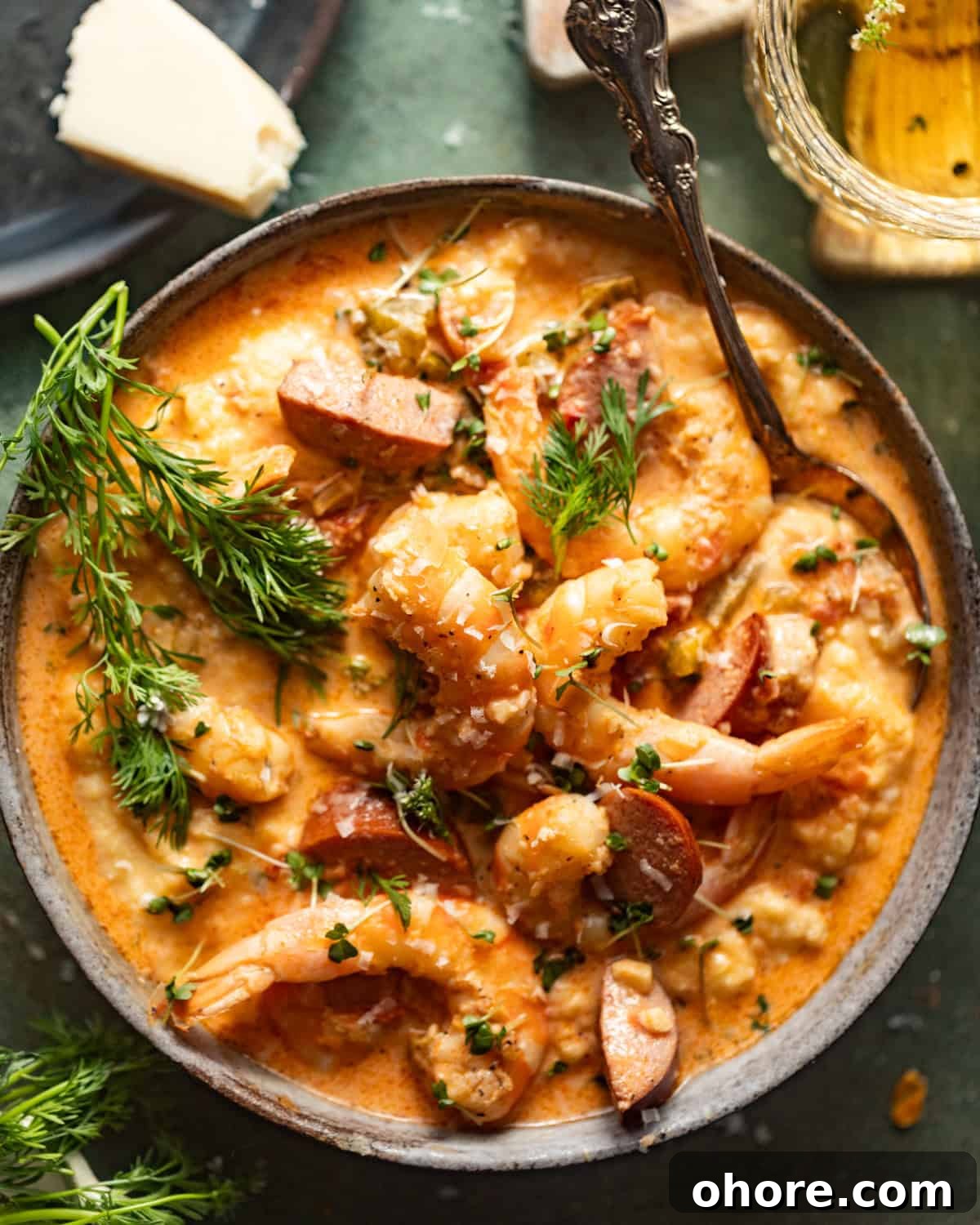 Cajun Shrimp and Creamy Cheddar Grits Recipe 3 cajun shrimp and grits in a bowl garnished with fresh herbs.