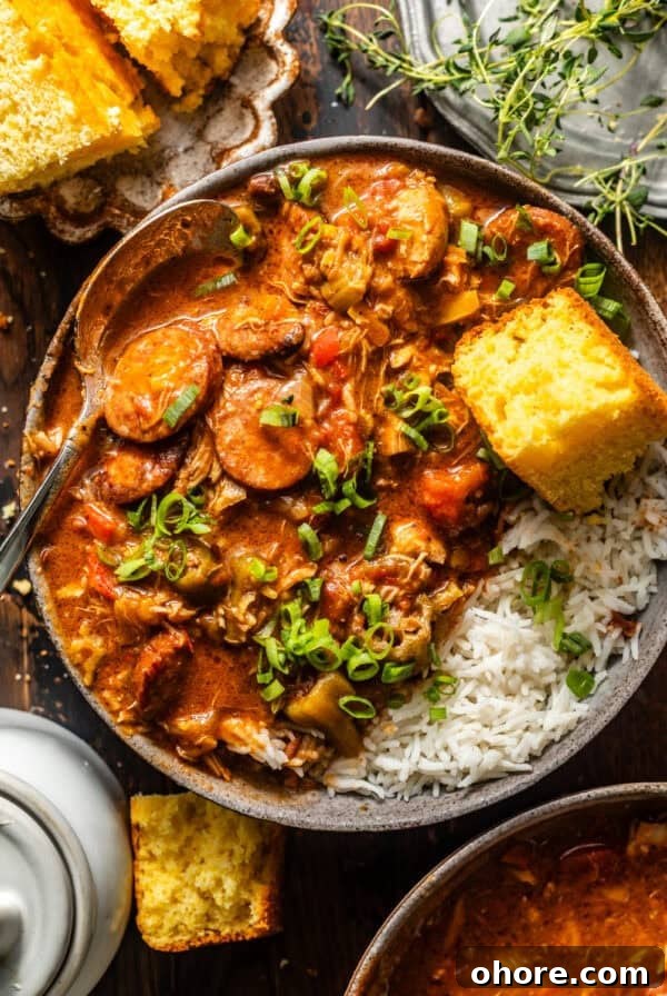 Cajun Shrimp and Creamy Cheddar Grits Recipe 10 overhead photo of chicken and sausage gumbo in a bowl.