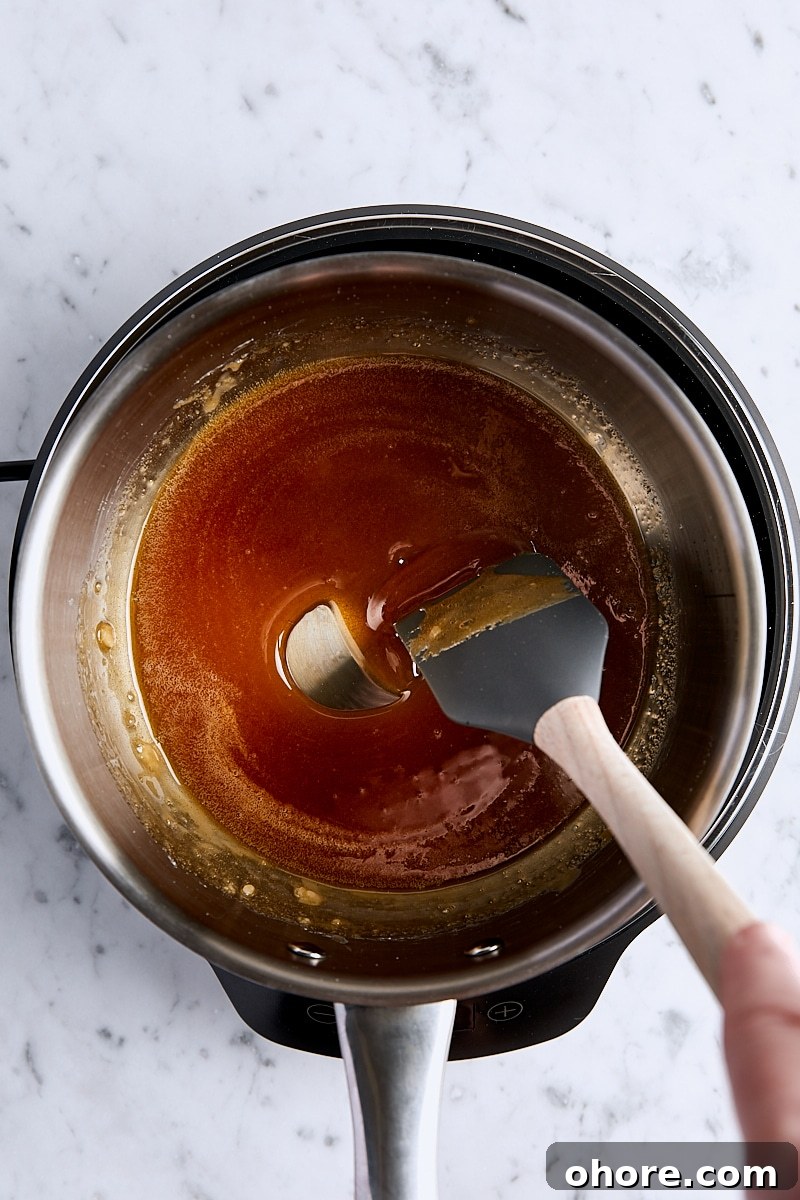Melted granulated sugar in light-colored saucepan