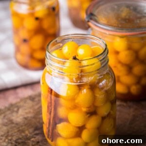 Pickled mirabelles packed into a sterilised jar.