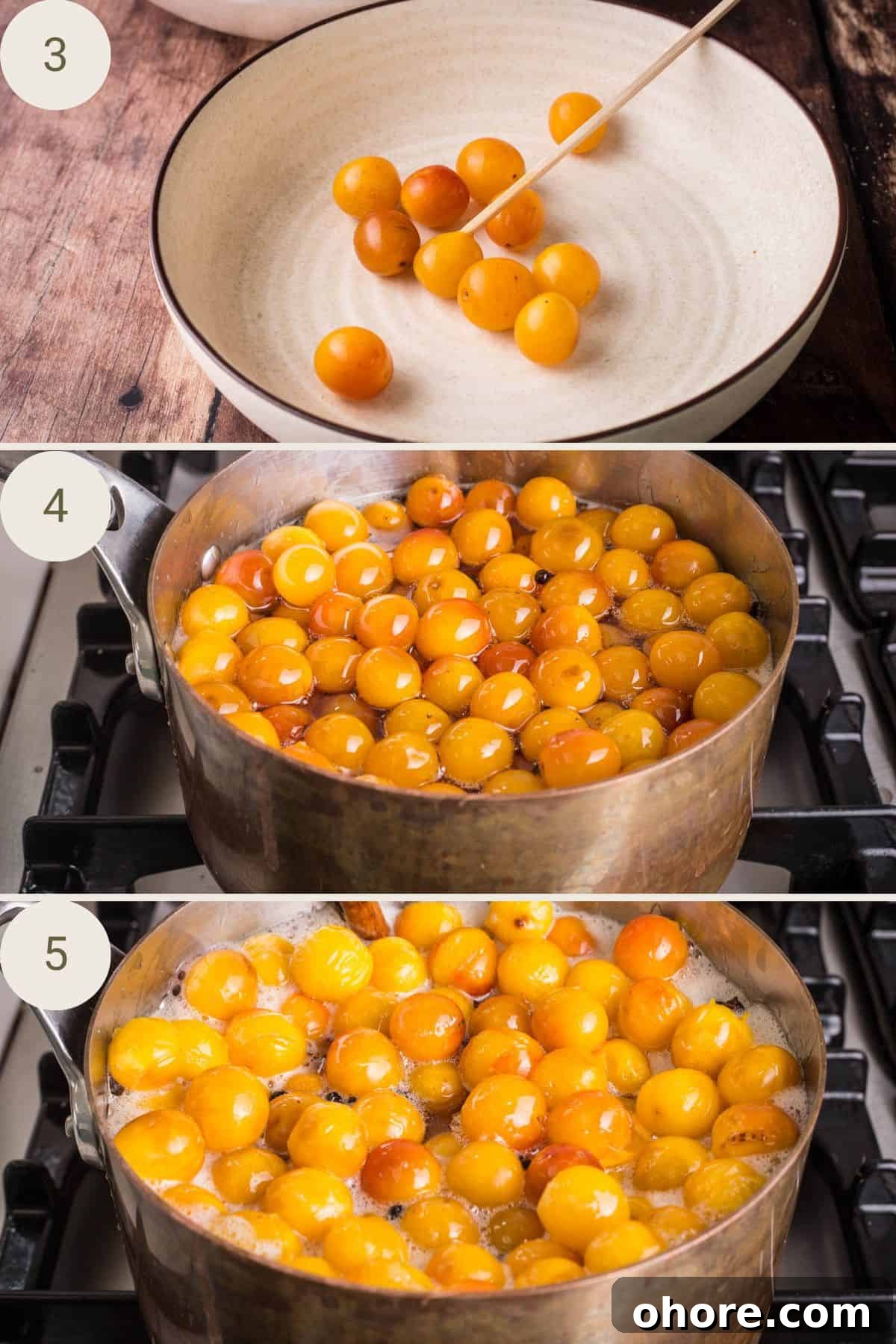 Pricking mirabelles with a wooden skewer to pierce the skin.