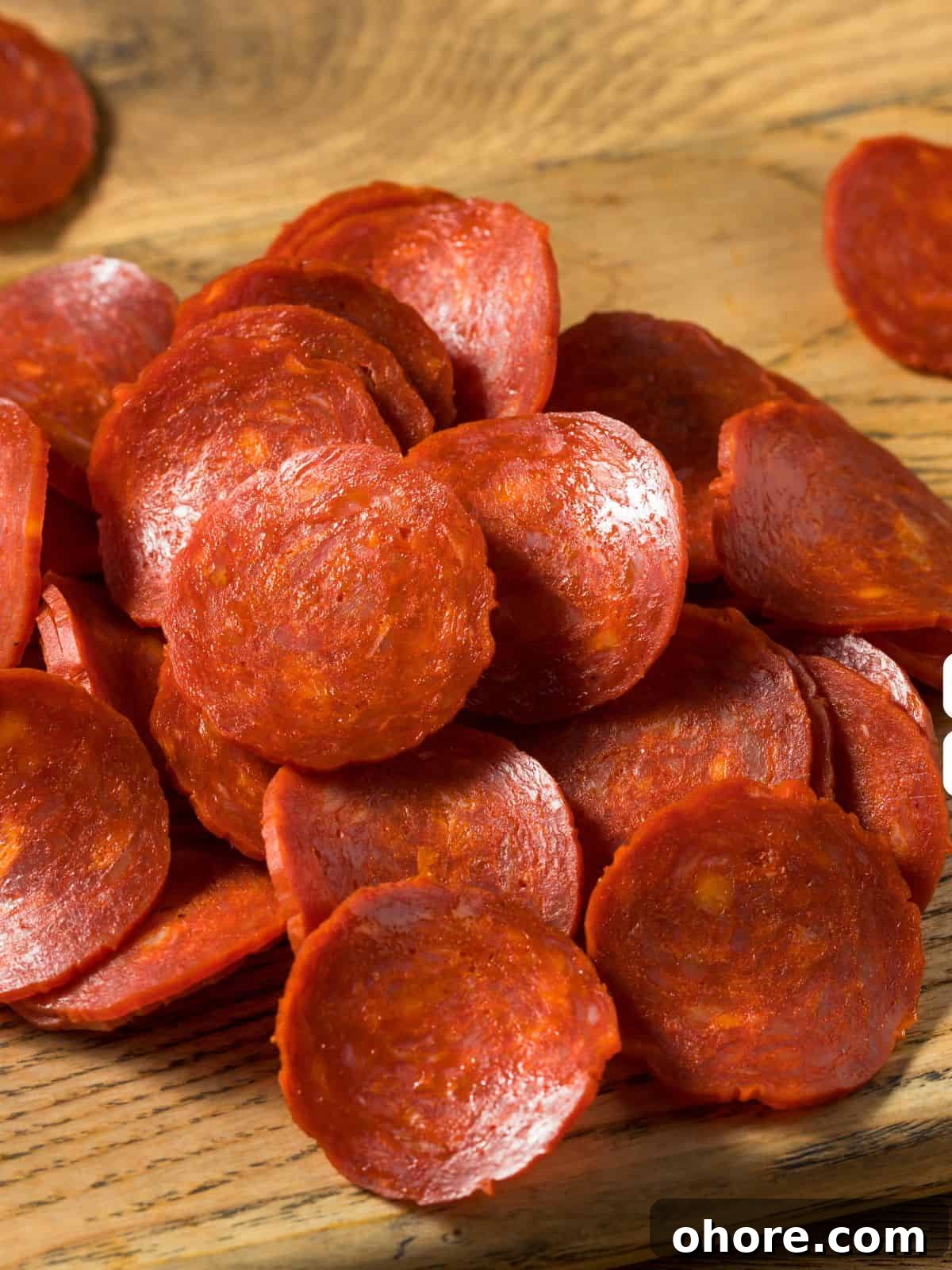 Keto-Friendly Travel Snacks for Low-Carb Trips 3 A pile of pepperoni slices on a wooden surface, perfect as keto travel snacks.