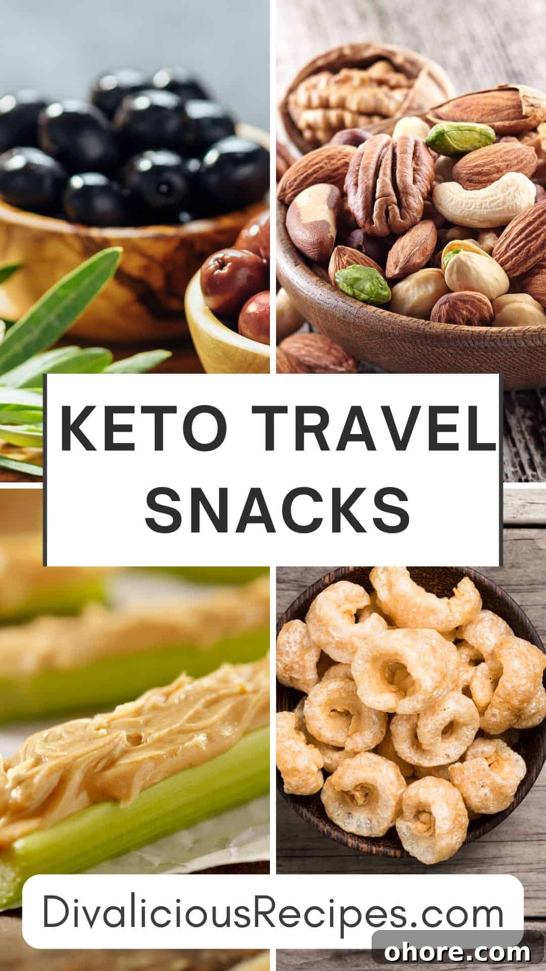 Keto-Friendly Travel Snacks for Low-Carb Trips 7 A vibrant collage showcases keto travel snacks like olives, mixed nuts, celery with peanut butter, and crunchy pork rinds, with "Keto Travel Snacks" boldly displayed in the center.