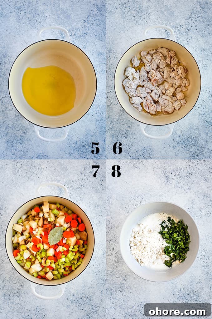 Easy Chicken and Dumpling Soup Step by step photos of how to create Easy Chicken and Dumpling Soup, steps 5-8.