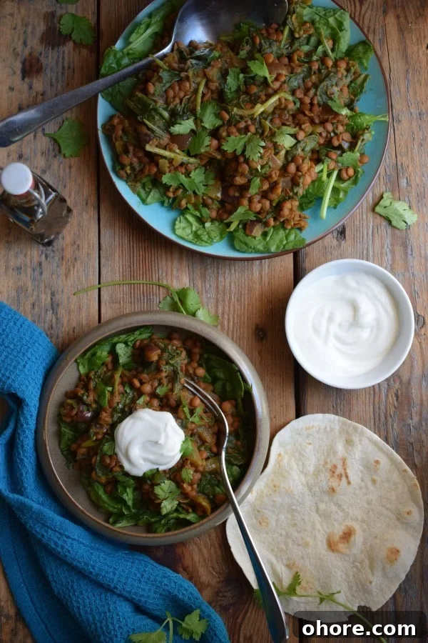 over head table setting view of the Spiced Lentils and Spinach