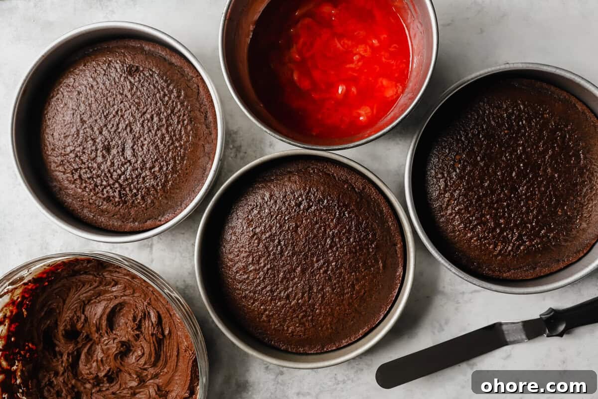 Decadent Chocolate Strawberry Layer Cake Recipe 6 overhead view of 3 layers of chocolate strawberry cake next to filling and frosting in stainless bowls.