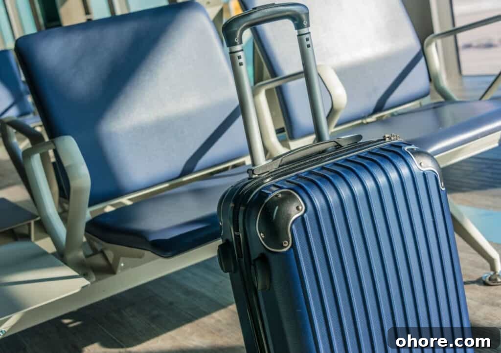 Top Carry-On Luggage Picks for Every Type of Trip 4 Blue carry-on luggage in front of airport seats.