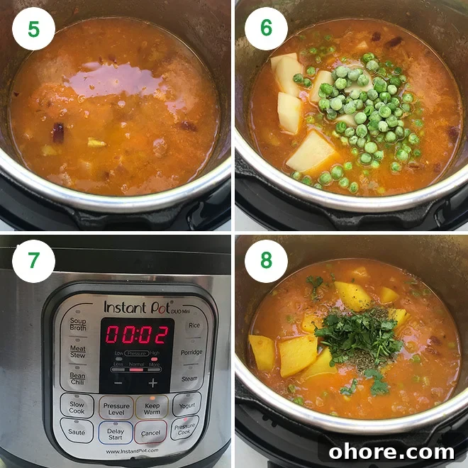 Instant Pot Aloo Matar (Potatoes and Peas Curry) 6 collage for step by step recipe of Instant Pot Aloo Matar