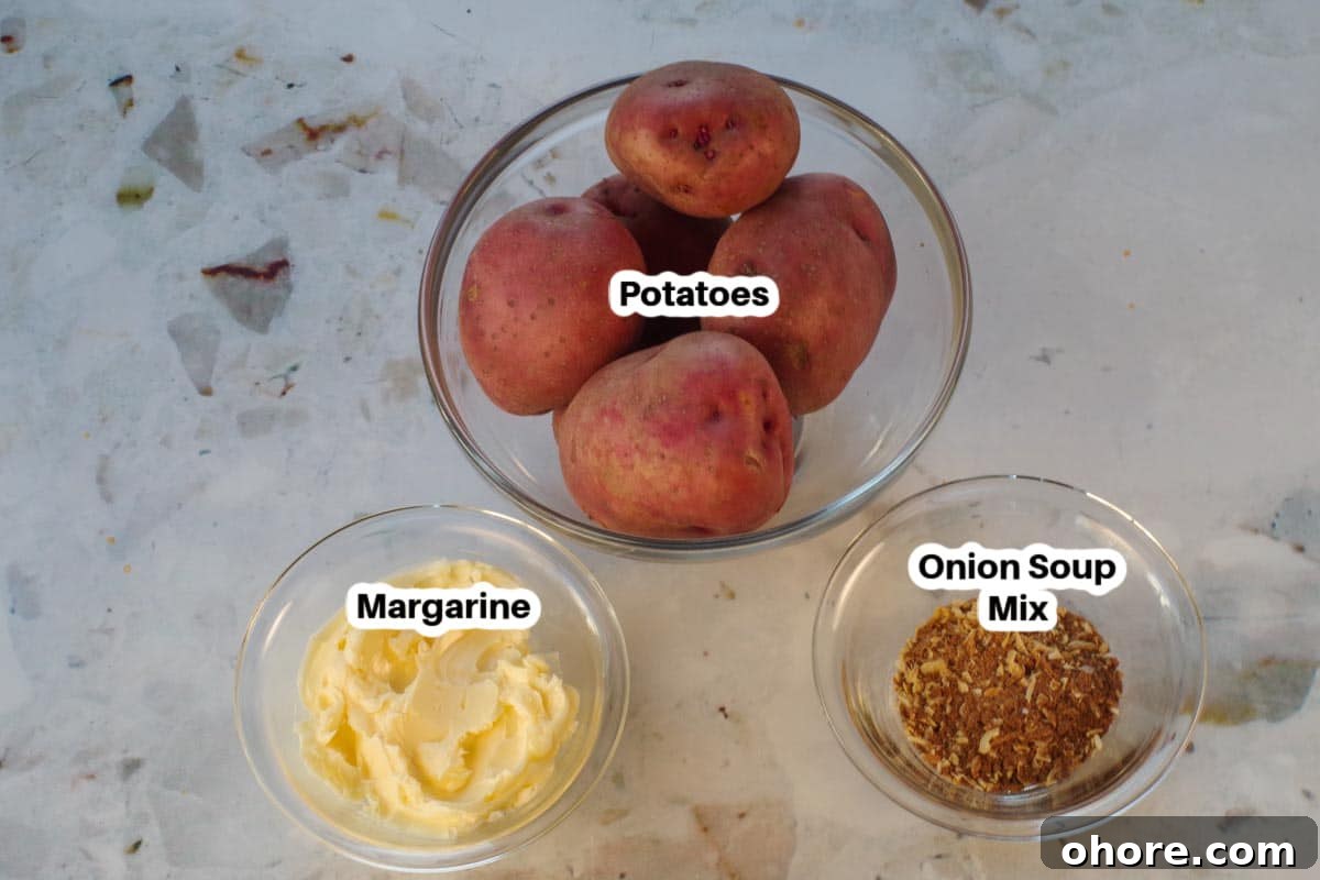 Crispy Baked Potatoes with Onion Soup Mix Seasoning 3 3 ingredients in onion baked potatoes in glass bowls, labelled
