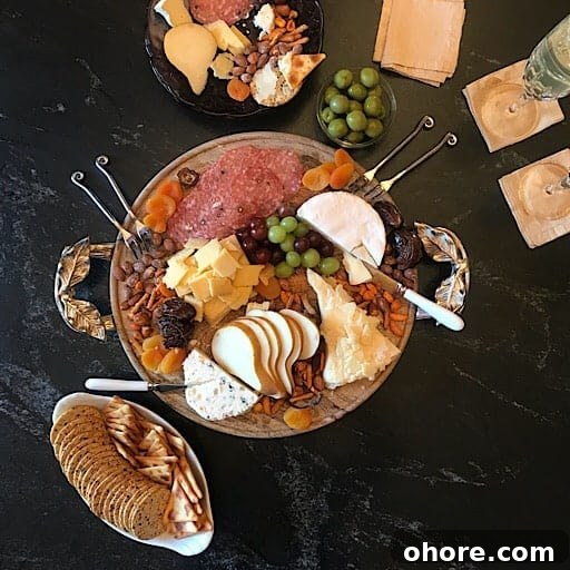 Charcuterie board on granite table.