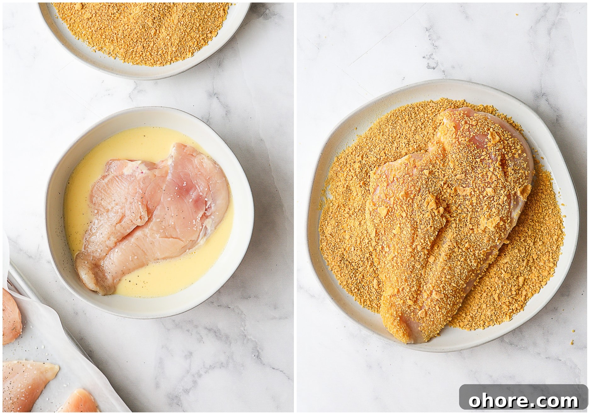 coating chicken in egg wash and cornflake crumbs
