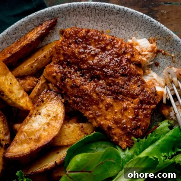 An overhead and close-up image of cajun cod, smoky potato wedges and some green salad leaves placed on a grey plate.