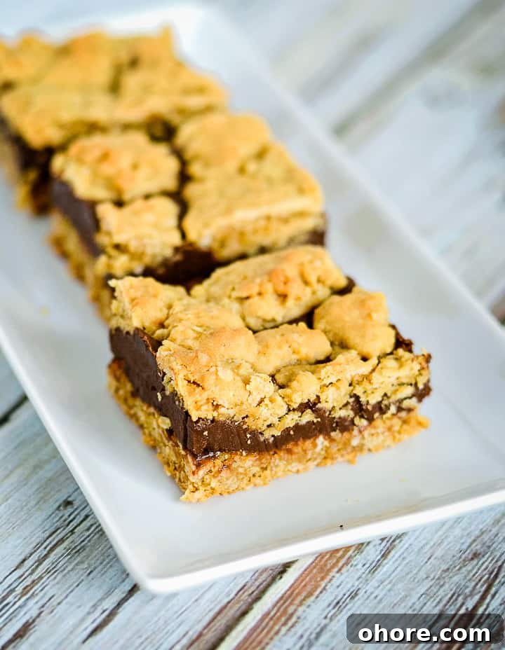 chocolate fudge oatmeal bars on a white tray
