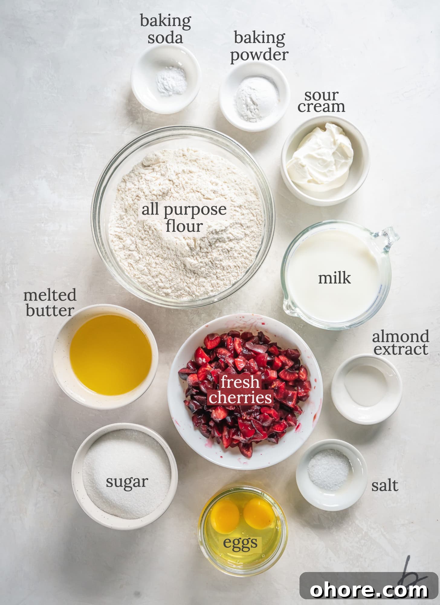 Cherry Almond Muffins: Homemade Cherry Muffin Recipe with Almond Extract 3 cherry muffin ingredients in bowls labeled with text