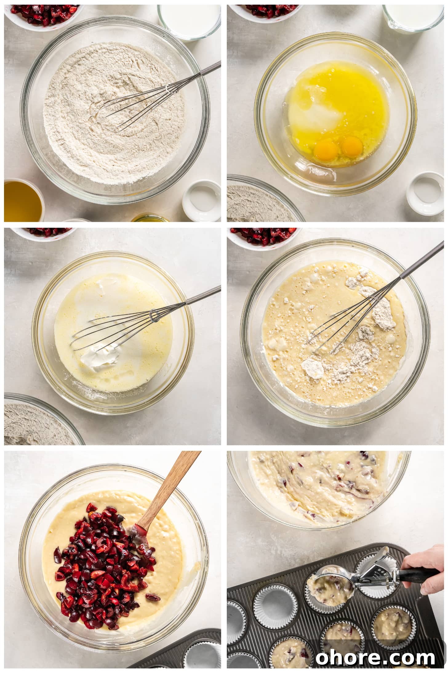 Cherry Almond Muffins: Homemade Cherry Muffin Recipe with Almond Extract 4 photo collage demonstrating how to make cherry muffins in a mixing bowl and muffin tin