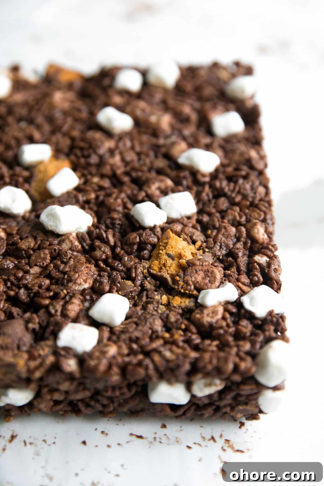Chocolate Peanut Butter Rice Krispie Treats Recipe for Crispy Bars 6 Side view of Butterfinger Rice Krispie Treats