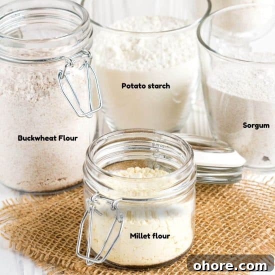 Gluten-free flour types in different jars.