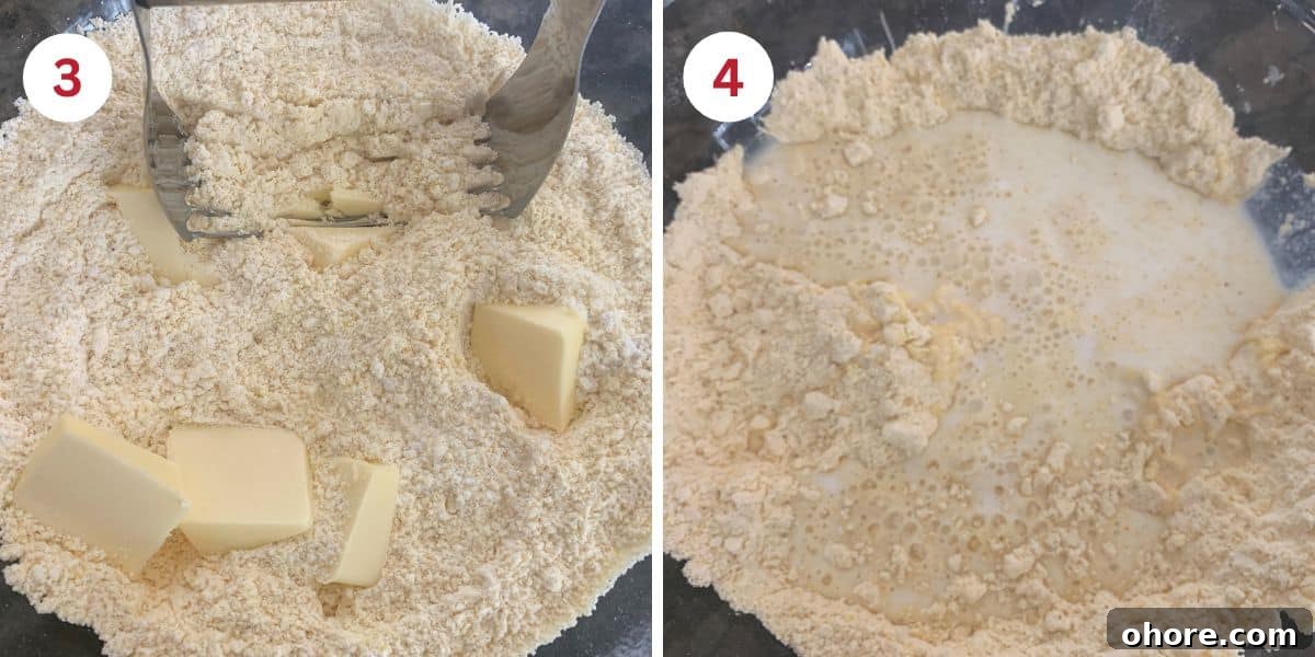 Photos showing how to cut the butter into the dry ingredients and adding the wet ingredients.