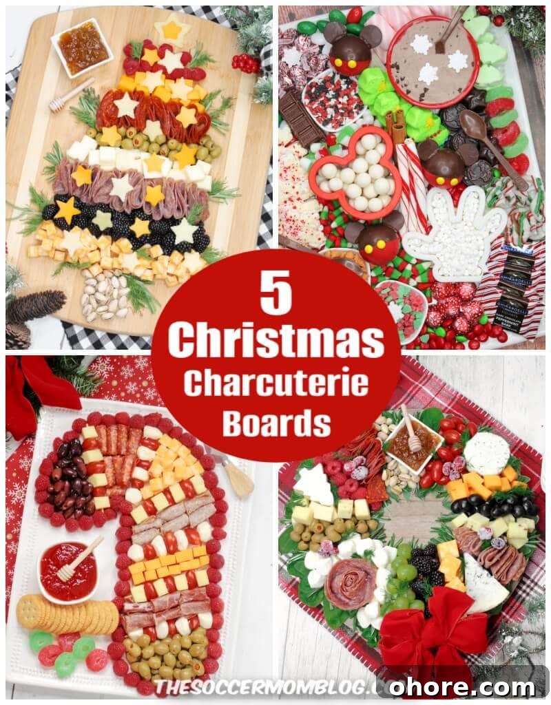 collage of 4 holiday charcuterie ideas; text overlay "Christmas Charcuterie Boards"