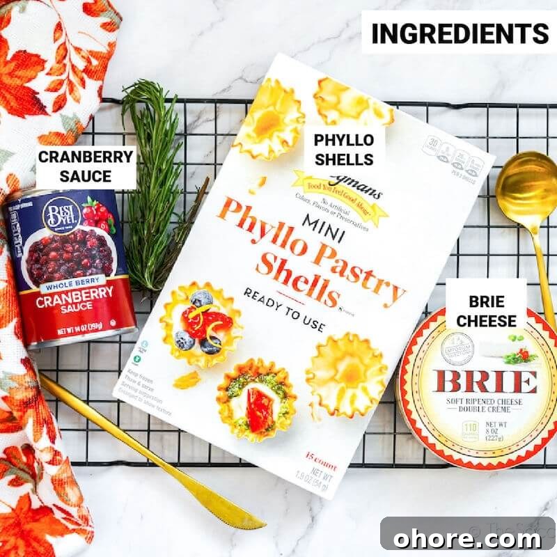 Cranberry Brie Bites Ingredients, with text overlay of ingredient names