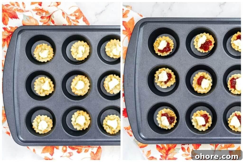2 photo collage showing how to layer brie and cranberry in a pastry shell
