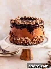 praline pecan cake with chocolate drip and pralines on top