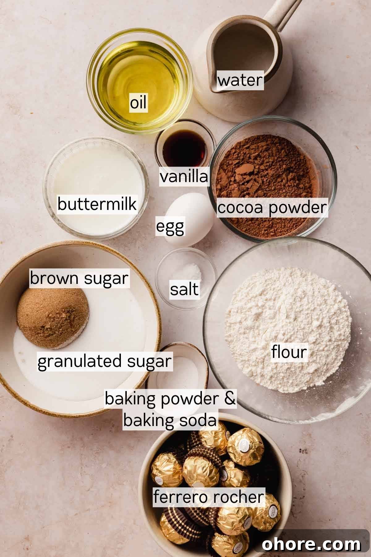 Ferrero Rocher Cupcakes Recipe: Decadent Hazelnut Chocolate Cupcakes 4 ingredients for ferrero rocher cupcakes in bowls