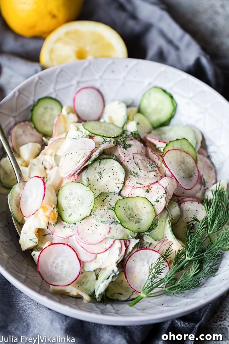 Creamy Dill Cucumber, Radish & Egg Salad Recipe 4 cucumber and radish salad with dill in a grey bowl