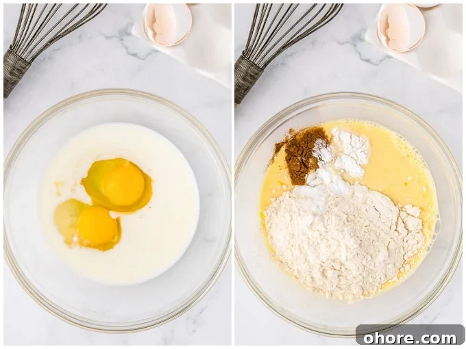 Crispy Homemade Funnel Cake Recipe for Fair-Style Treats 4 Two photos of ingredients being added to a glass bowl for homemade funnel cakes on a marble surface with a whisk and egg shell next to the bowl