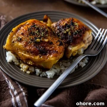 cooked chicken thighs on top of cauliflower rice on brown plate with fork