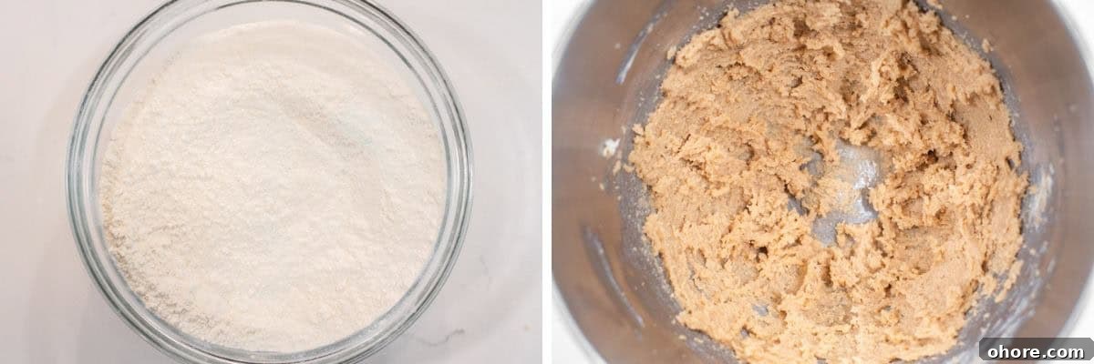 process shots of mixing dry ingredients in bowl and beating together butter and sugar in another bowl