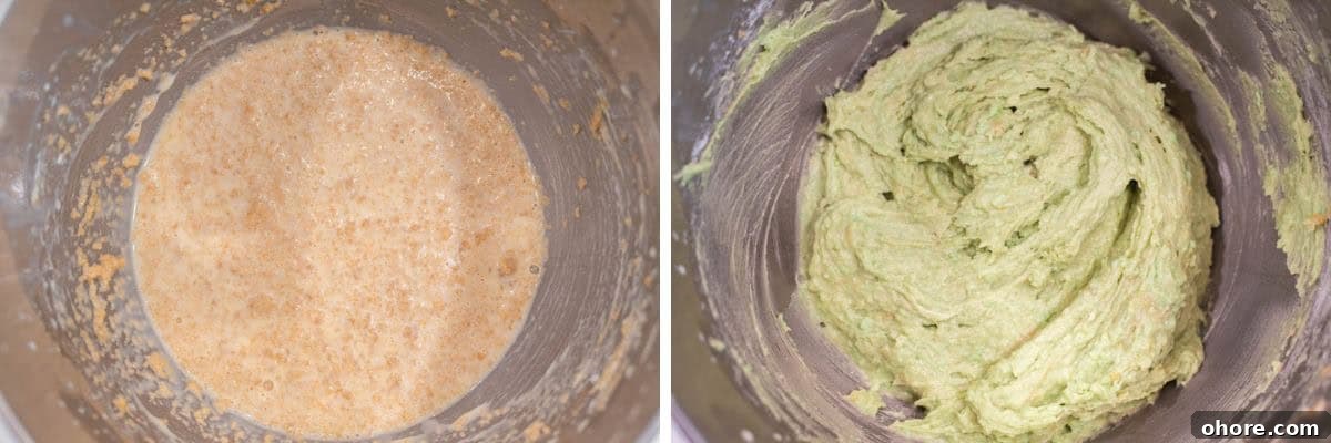 process shots of adding in liquid ingredients and beating before folding in the dry ingredients
