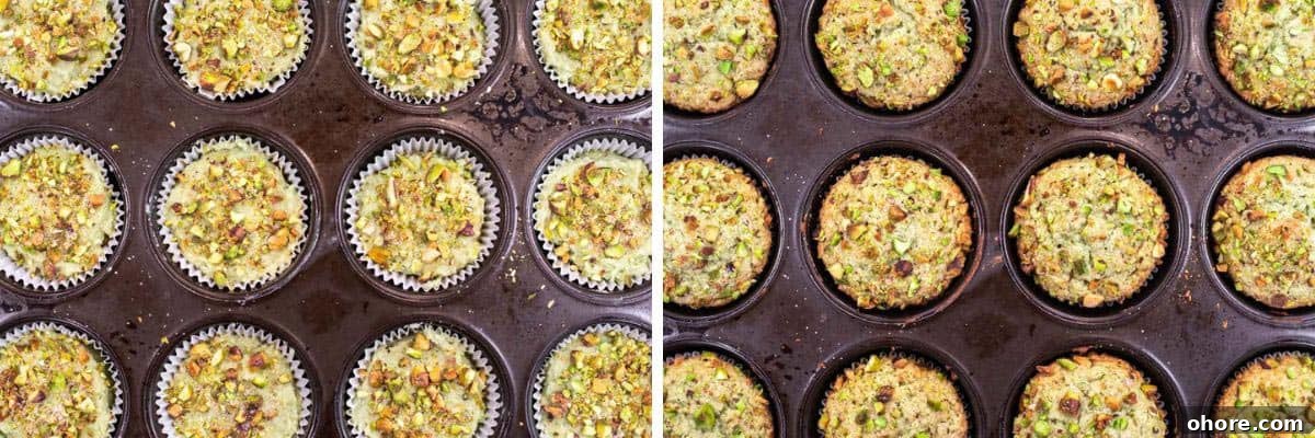 process shots of adding batter to muffin tin before baking