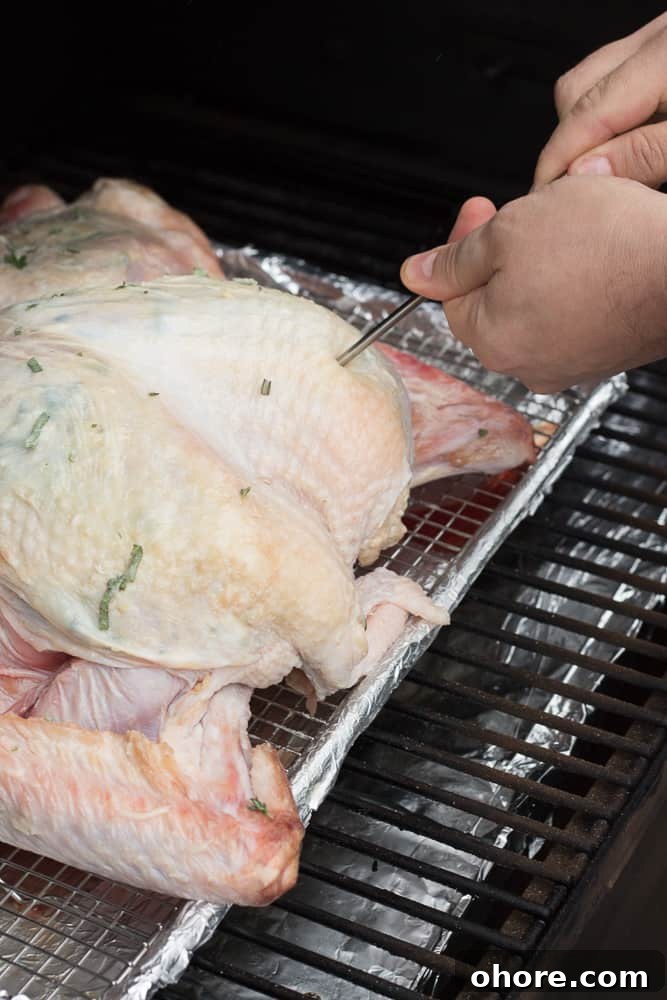 Spatchcocked Whole Turkey Smoked on a Traeger Grill 9 Inserting a temperature probe into a raw spatchcocked turkey on a grill.