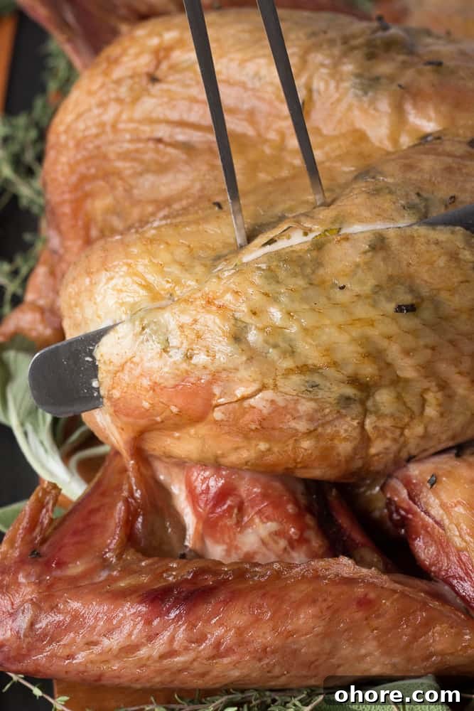 Spatchcocked Whole Turkey Smoked on a Traeger Grill 10 A knife and fork slicing into the breast of a smoked turkey.