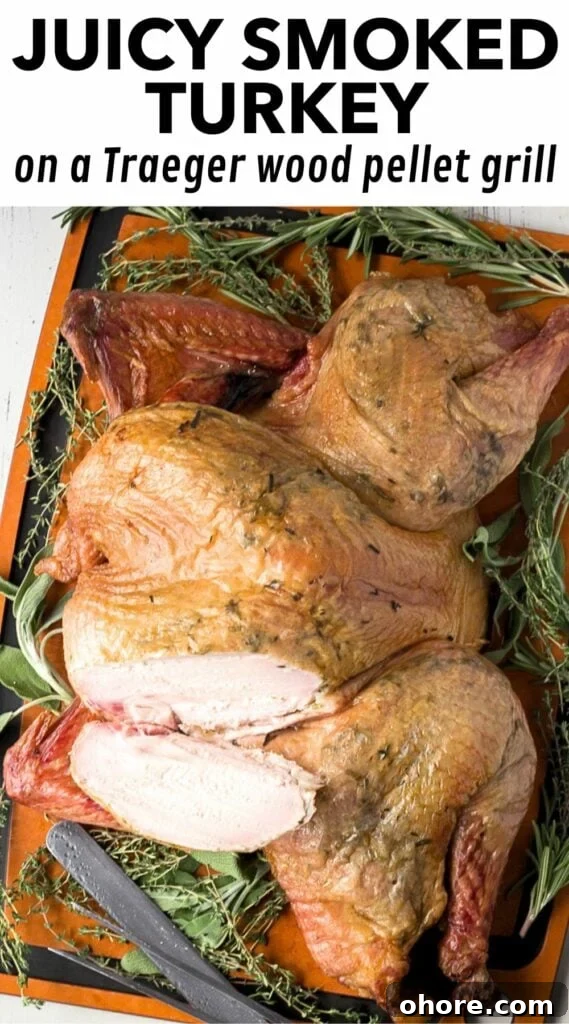 Spatchcocked Whole Turkey Smoked on a Traeger Grill 11 pin for a whole smoked turkey recipe, with a top down picture of a smoked turkey on a wood cutting board and text in black on a white background at the top that reads "juicy smoked turkey on a Traeger wood pellet grill".