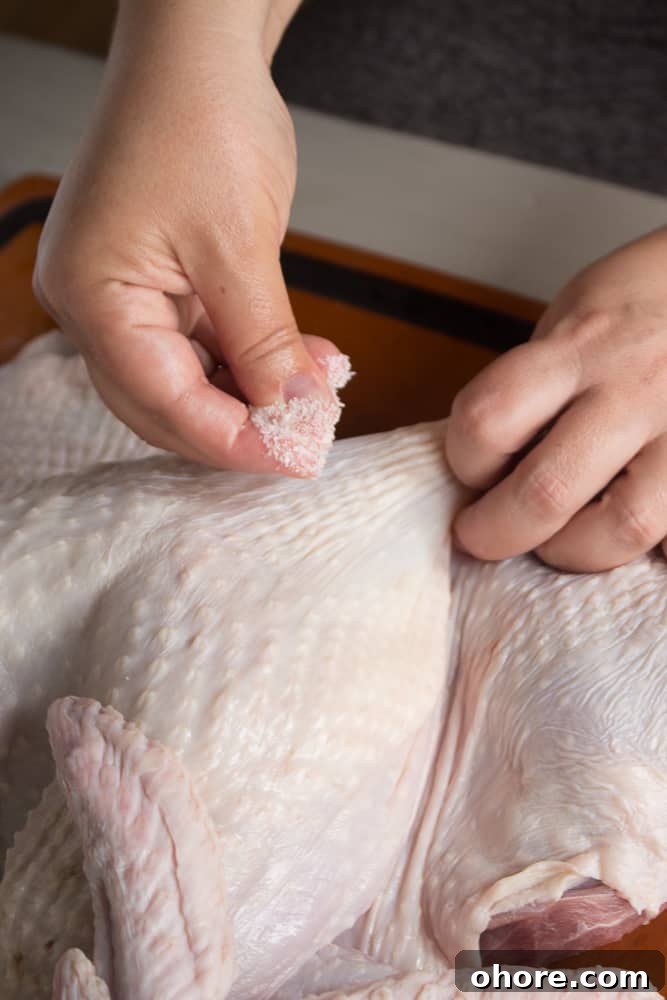 Spatchcocked Whole Turkey Smoked on a Traeger Grill 5 A pair of hands putting kosher salt under the skin of a raw turkey with hands.