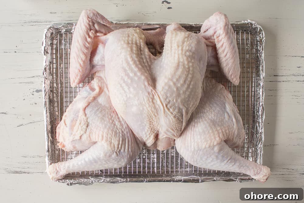 Spatchcocked Whole Turkey Smoked on a Traeger Grill 6 A dry brined spatchcocked turkey on a sheet pan lined with foil.