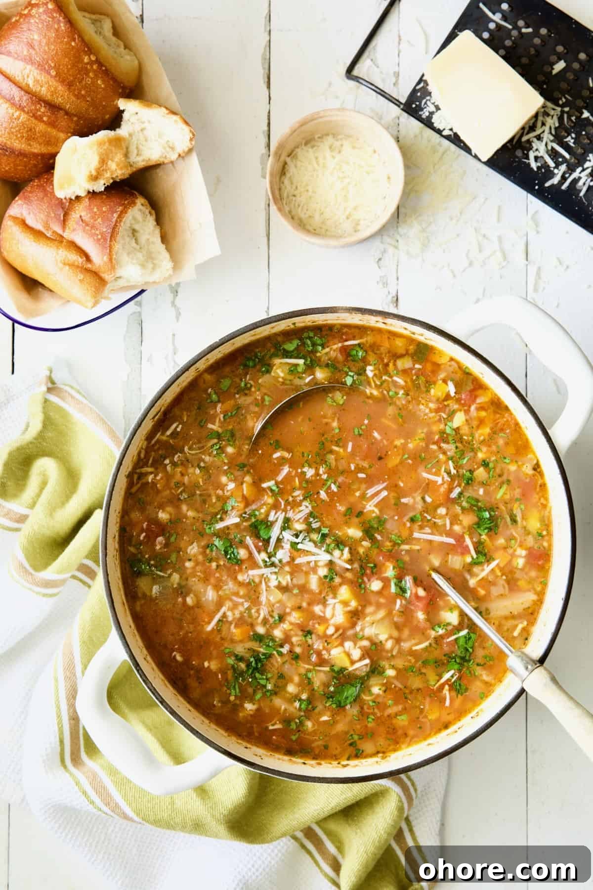 Hearty Vegetable and Barley Soup Recipe for Comforting Meals 3 Pot of Vegetable Barley Soup on white distressed background.