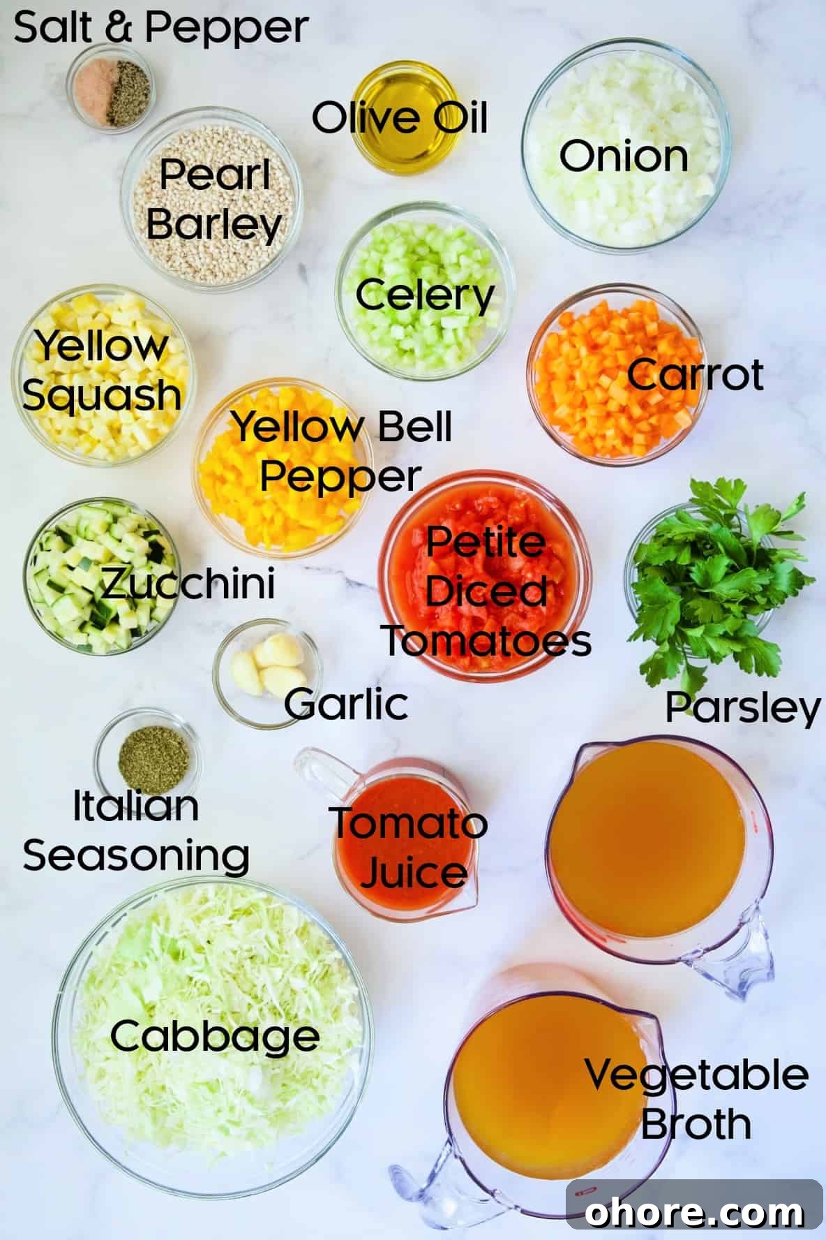 Hearty Vegetable and Barley Soup Recipe for Comforting Meals 4 Ingredients for Vegetable Barley Salad in glass bowls.