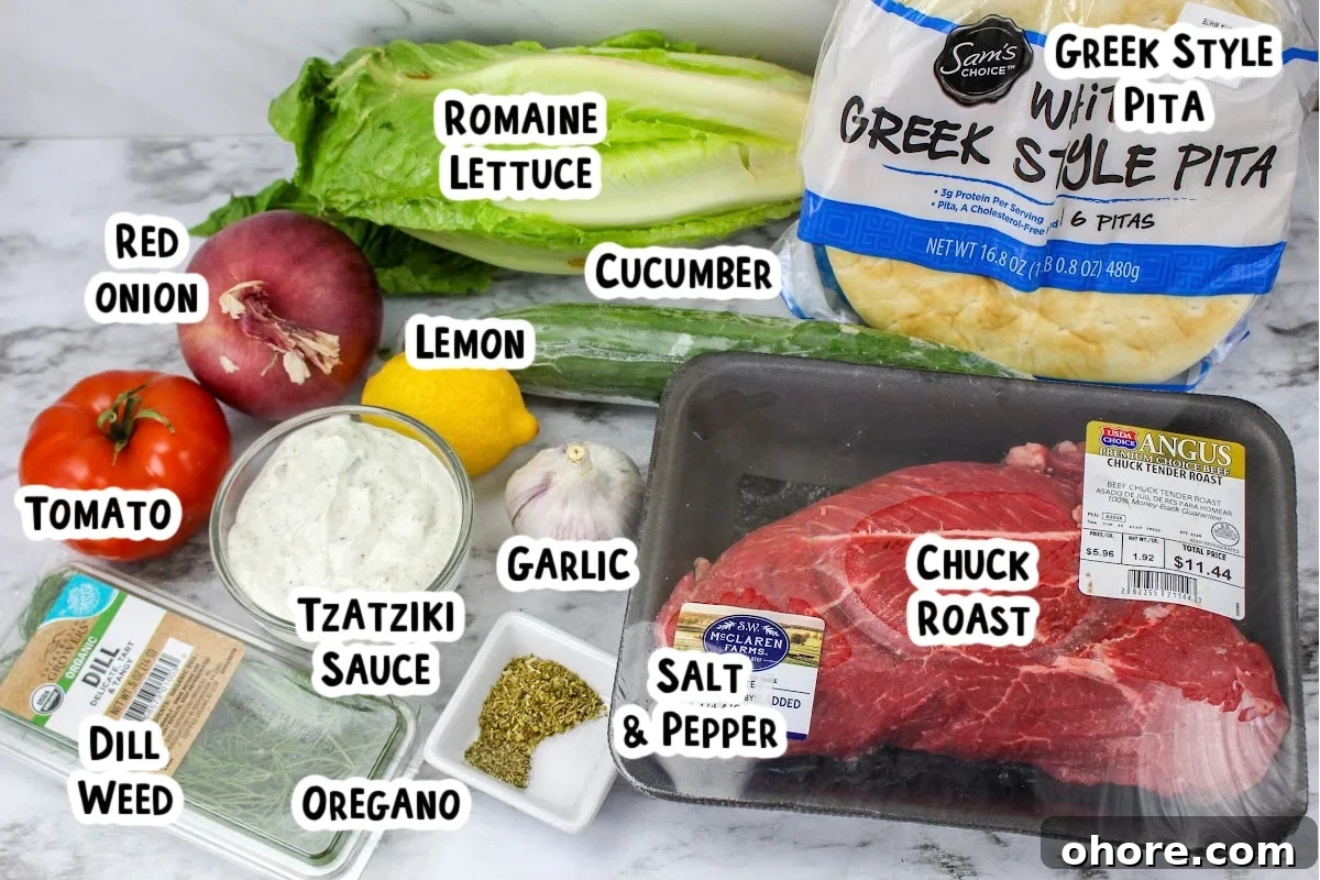 Slow Cooker Beef Gyros Recipe: Tender, Flavorful Greek Sandwiches 3 ingredients for beef gyros on table.