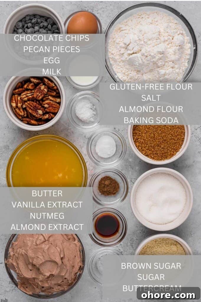 Gluten-Free Cookie Cake Recipe: Soft, Chewy Sugar Cookie Cake 4 Ingredients for a gluten free cookie cake measured out in various size bowls and resting on a marble countertop. Text for each ingredients is listed on the image.