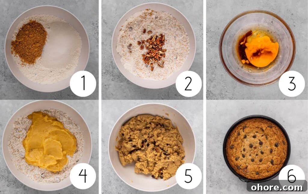 Gluten-Free Cookie Cake Recipe: Soft, Chewy Sugar Cookie Cake 5 Images that show how to make a gluten free cookie cake including mixing dry ingredients in a white bowl, mixing wet ingredients in a clear bowl, combining wet and dry ingredients, combining into a dough, and the final image of the baked cake.