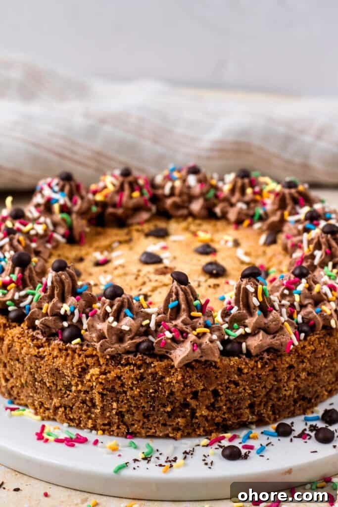 Gluten-Free Cookie Cake Recipe: Soft, Chewy Sugar Cookie Cake 6 Side view of a gluten free cookie cake topped with chocolate buttercream on the outside, sprinkles and chocolate chips, sitting on a white plate, and surrounded by more sprinkles.